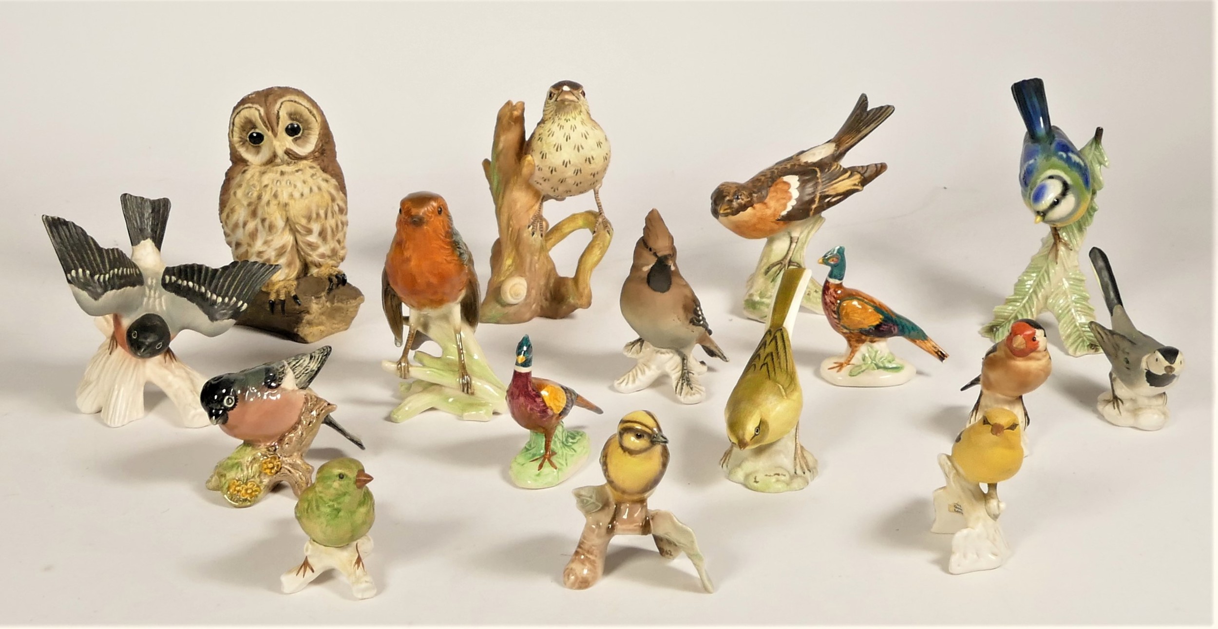 A collection of model birds, to include a Goebel Robin, a Blue Tit, a Brambling, a Goldfinch,