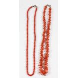 A coral bead necklace, diameter 4mm, length 40cm, 11.6gm and a branch coral necklace, 40cm, 22gm