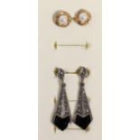 A pair of 9ct gold and cultured pearl ear studs, diameter 9mm, 0.9gm and a pair of silver, marcasite