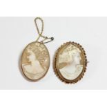 A gold mounted shell cameo, depicting a lady and another similar (2)