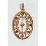 An Edwardian 9ct rose gold, pink tourmaline and half pearl pendant, 375 tab, 23mm, 1.4gm