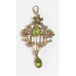 A Victorian 9ct gold, peridot and half pearl brooch/pendant, of openwork form, overall length