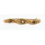 A Victorian 15ct gold, sapphire and half pearl bar brooch, 47mm, 3.8gm