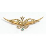 An Edwardian 9ct gold half pearl and turquoise crescent brooch, by VP & Co, Birmingham 1908, 45mm,