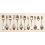 A Victorian silver set of six fiddle pattern tea spoons, London 1863, together with six Georgian