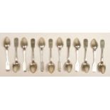 A Russian set of twelve fiddle pattern tea spoons, Various assay masters and silversmiths but all