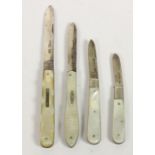 Four silver and mother of pearl fruit knives, various dates
