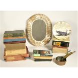 A box of miscellaneous to include, a set of brass & copper graduated pans, early hardback books, a