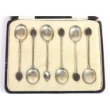 Silver and enamel coffee bean spoon set, Birmingham 1928, enamel A/F, case