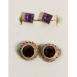 A pair of 9ct gold and garnet ear studs, diameter 9mm and a pair of 9ct gold and amethyst ear studs,