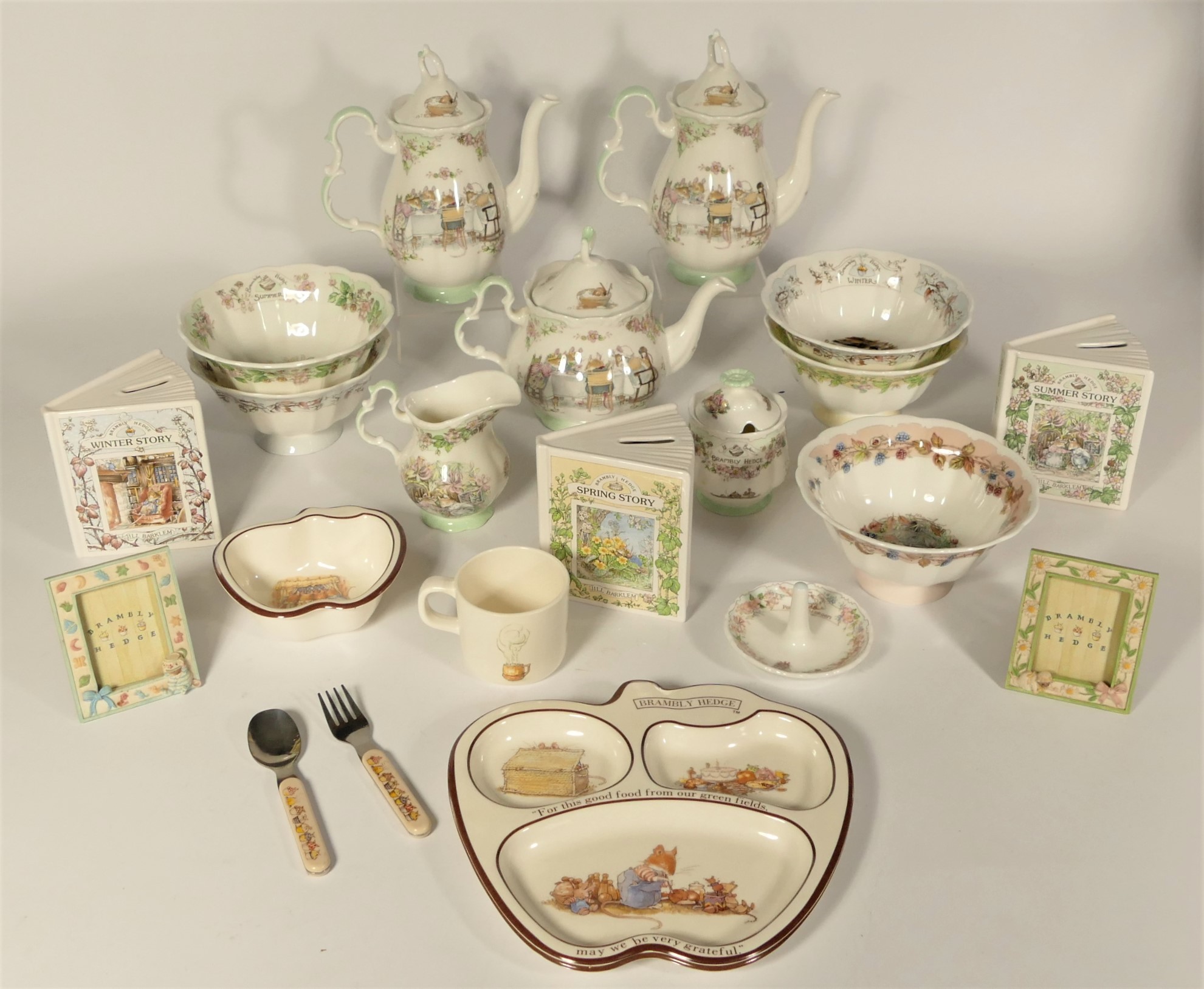 A collection of Royal Doulton Brambly Hedge ceramics to include, coffee pot, set of three Spring,