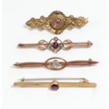 An Edwardian 9ct rose gold, amethyst and half pearl bar brooch and three other gold brooches, 8.1gm