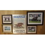 A framed poster, dated 1959, depicting Deauville Horse Races/Golf Polo, 66x47cm, together with three