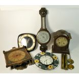 A collection of clocks to include, a Hitachi electronic clock radio, a W.M Widdop sunflower wall