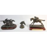 Three bronze effect resin trophy models of racehorses & jockey's, to include Dunstall Park winner