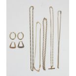 A 9ct gold belcher link chain, four other 9ct gold chains and two pairs of 9ct gold ear rings, 27gm