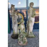 A reconstituted stone statue of lady water carrier, 96cm, a Greek Adonis statue, 100cm and a