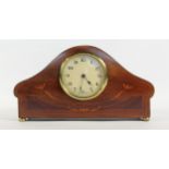 An early 20th Century mantle clock, manual wind mahogany inlaid case with enameled face and swiss