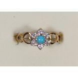 A 9ct gold, turquoise and CZ cluster ring, O, 1.1gm