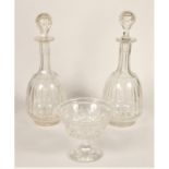 An Edwardian pair of cut glass decanters with ball stoppers, 31cm, together with a cut glass sweet