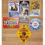 A Colmans Mustard reproduction vitreous enamel advertising sign, 34 x 26cm and five other