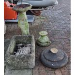 A Butlers sink with concrete cover, 66 x 47cm, a bird bath, 78cm, a York stone urn base and