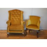 A Hamilton Ross armchair, button backed with scroll arms, gold coloured upholstery, with metal
