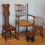 A carver dining chair, with leather padded upholstered seat, together with an oak spinning chair,