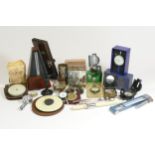 A collection of compasses, measures, switches, timing clocks and others, including a metal chest