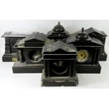 Six Victorian black slate/marble manual wind mantle clocks and cases.