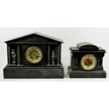 Two Victorian slate & marble mantle clocks with eight day movements, striking on a gong. (2)