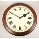 A 17 inch mahogany round case fusee railway clock, with a rectangular plated chain driven English