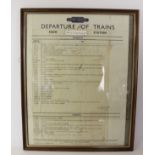 A framed B.R. train timetable of departures from Mellis Station (Suffolk) for the period 10/9/62 -