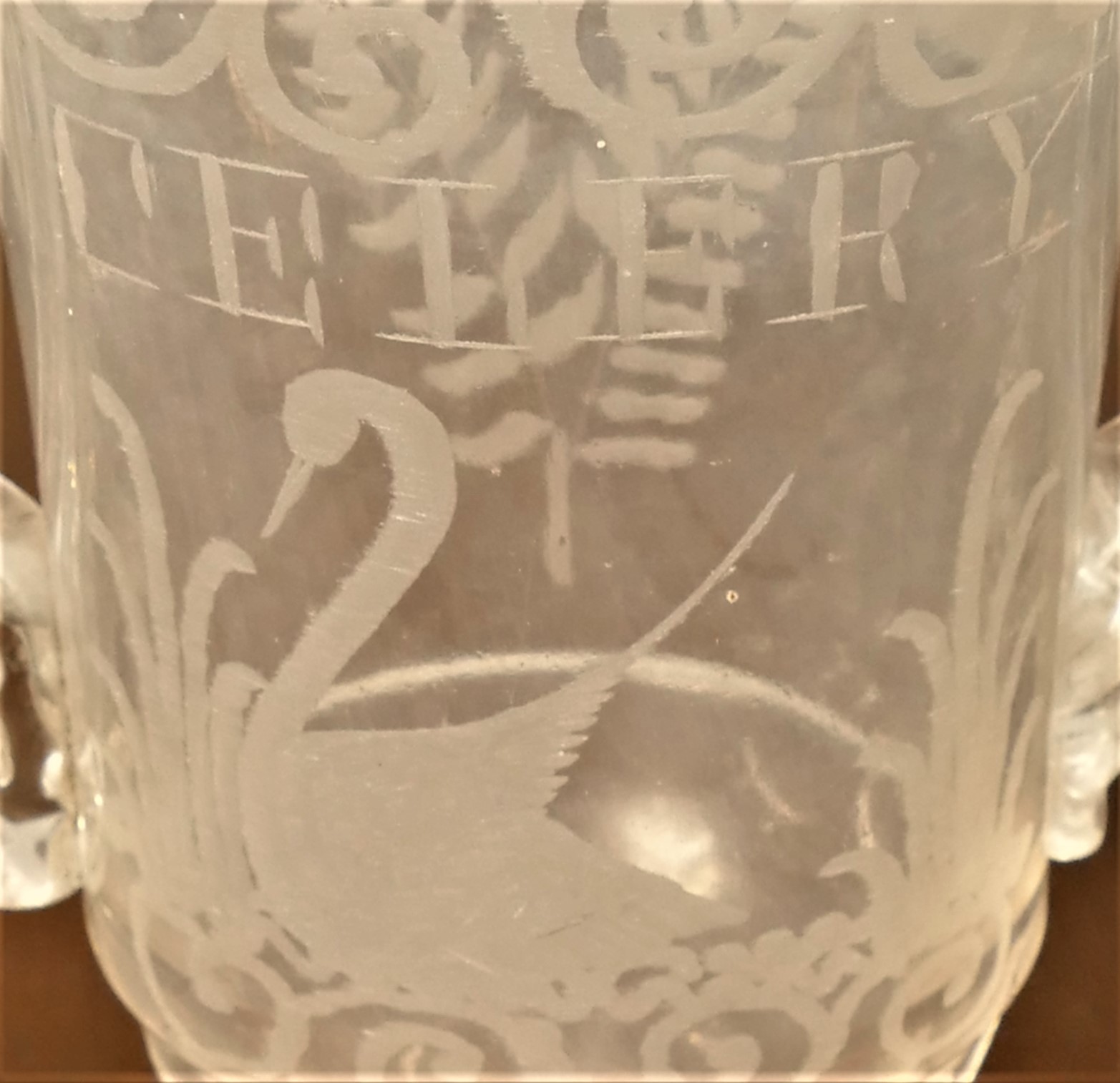 A Victorian press moulded glass two handled vase, wheel engraved CELERY over a swan, 27cm together - Image 2 of 2