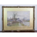 Henry Charles Fox (1855-1929), Horse and cart by a village, signed and dated 1900, watercolour