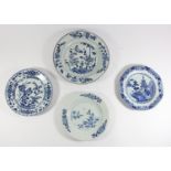An 18th century Chinese blue and white plate with pagoda decoration, 23cm, another with a rocky