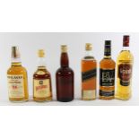 Johnnie Walker Black label (70% proof), White Horse, Whyte & MacKay, Haig (no label) and Black