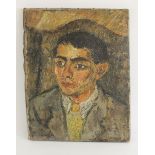 In the manner of Georges Roualt, portrait of a young man, acrylic on canvas, bears a signature,
