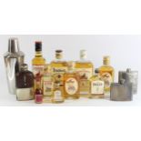 Famous Grouse 350 ml and 375 cl, Teachers 350 ml, various other miniatures, hip flasks and a
