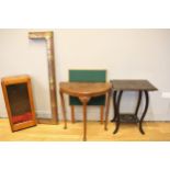 A glazed display cabinet, together with a demilune hall table, cabriole legs, an occasional two tier