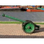 A scratch built replica cannon, Allen Oxford wheels on a single axle, cast iron drain pipe barrel,