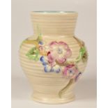 A 1920s Clarice Cliff blossom vase, ribbed foliage decoration, stamped to base 912 Clarice Cliff,