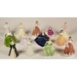 A collection of thirteen Coalport porcelain figurines, modelled and decorated by hand. (13)