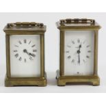 Two French 8 day carriage clocks, brass cased with white enameled dials - H:12cm (2)