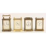 A collection of four brass cased manual wind carriage clocks - spares or repair - H:12cm (4)