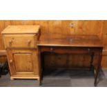 A striped pine bedside cabinet, 51 x 85 x 33cm, together with an Edwardian mahogany hall table,