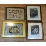 Two framed Egyptian paintings on papyrus 56cm x 46cm, together with a pair of Jean Uyboud, after