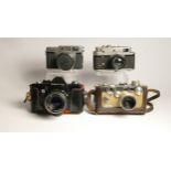 Four 35mm film cameras, to include a Zorki-4 with a Jupiter-8 50mm f2 lens, a Fujica 35-ML, A