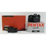 A Pentax Auto 110 SLR outfit, including camera, winder, flash, 18mm, 24mm and 50mm lens, in orange