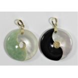 Two 14K gold mounted Yin and Yang pendants, mother of pearl and jade and mother of pearl and onyx,